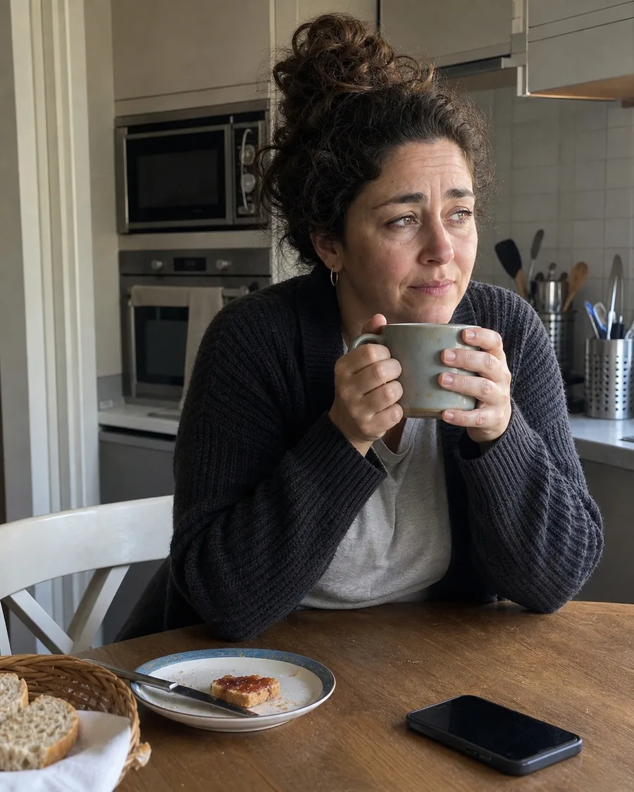 Mujer de más de 40 años sujetando una taza de café a primera hora de la mañana