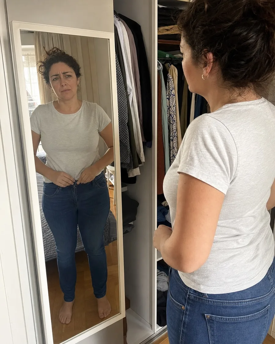Mujer de más de 40 años intentando abrocharse unos vaqueros frente al espejo